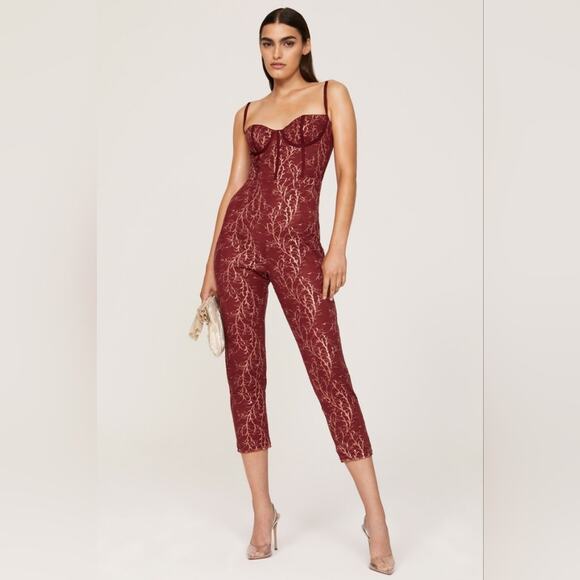 Rtr sz0 Katie May Venus Jumpsuit red wine lace gold shimmer metallic skinny 1 PC - Picture 2 of 13